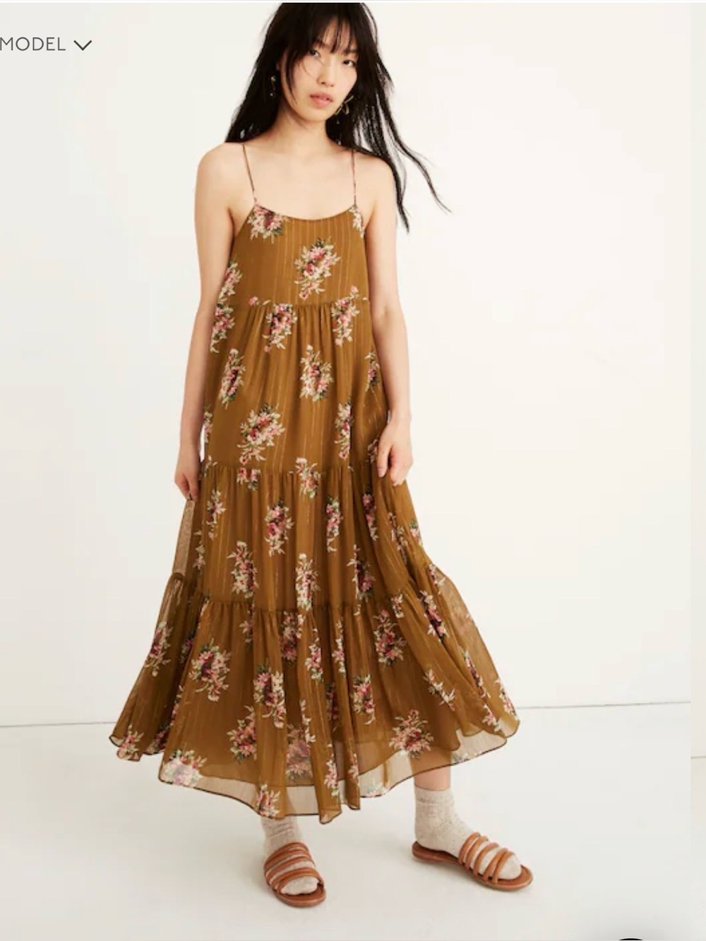 Madewell Cami Tier Midi Dress Metallic Classic Corsage Trapeze Strappy Floral